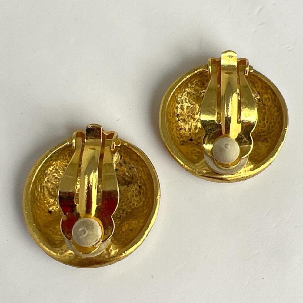 Vintage 80s Gold Tone Rhinestone Statement Dome Button Clip On Earrings - Picture 2 of 3